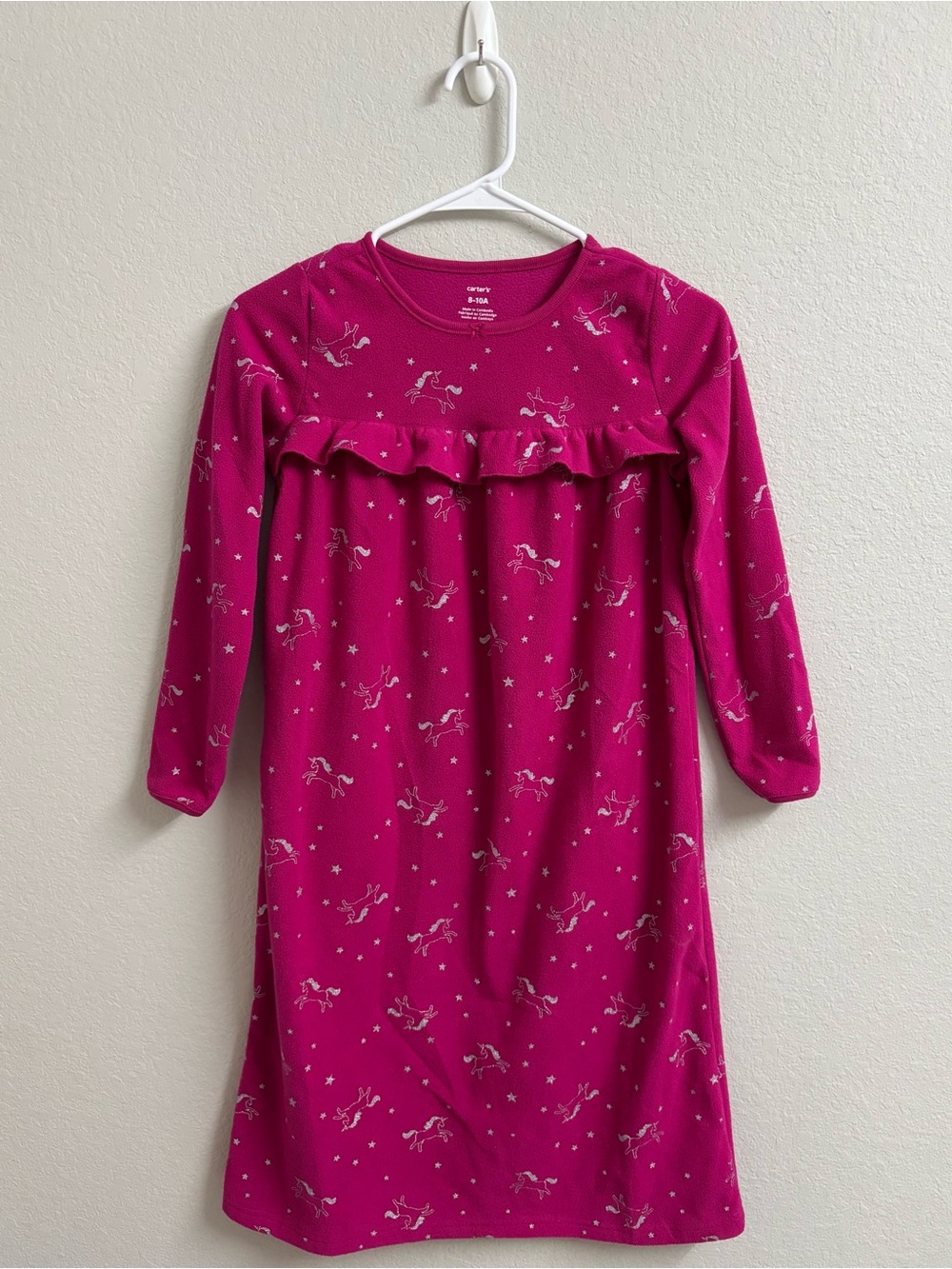 Girls Pink Sparkly Unicorn Star Fleece Nightgown Pajamas with Ruffle Size 8-10